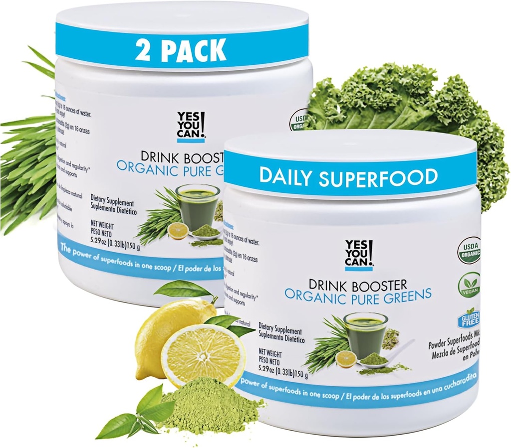 Yes You Can! Drink Booster - Organic Greens Superfood Powder Drink Mix - 2 Pack with Alfalfa Grass, Wheatgrass, Kale, Barley Grass, Lemon Juice Powder - Rich in Antioxidants, Vitamins and Minerals.