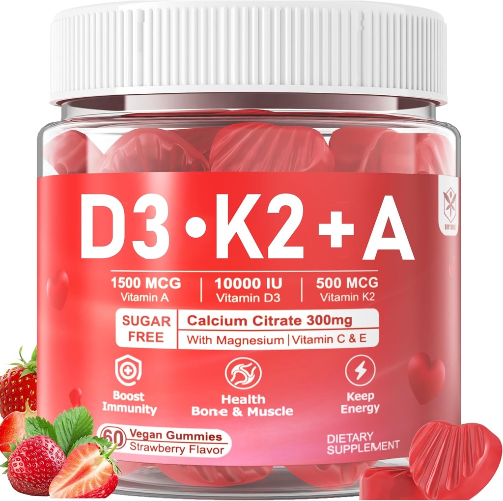 Vitamin D3 K2 A Gummies 5000IU / 10,000 IU, Vitamin D3 Con K2 Supplement with 300mg Calcium Magnesium Zinc, 8-IN-1 Extra Strength - Ultimate Absorbency for Bones, Muscles, Teeth, Vision, Vegan 2 Packs
