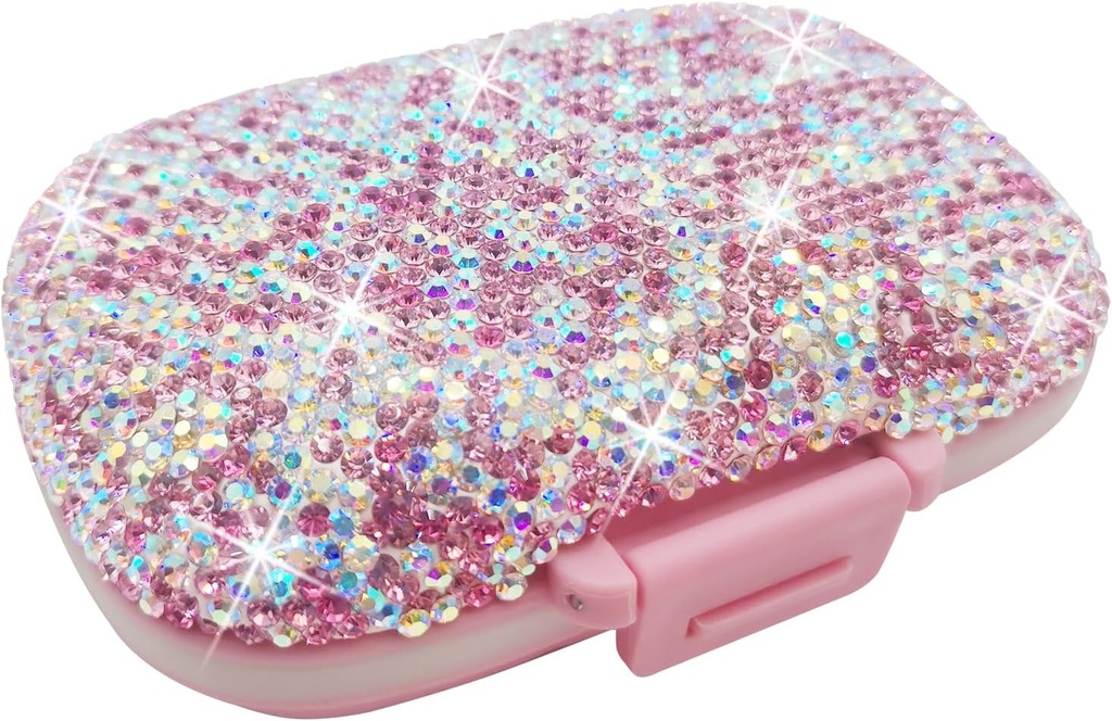 Bling Pill Case for Purse Medicine Vitamin Container Holder Pocket Pill Case Round Medicine Organizer for Travel Medicine Kit (8 Compartment Pink)