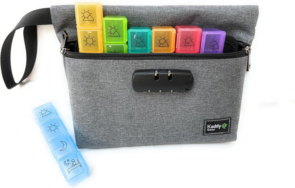 Kaddy Weekly AM/PM Secure Pill Organizer Box, (7-Day / 4-Times-A-Day) Portable Travel with Large Compartments for Medication, Supplements and Vitamins, 3 Digit Lock for Safety