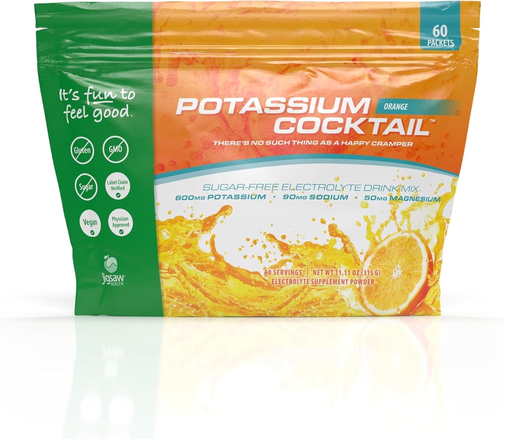 Jigsaw Health Potassium Cocktail | Formerly Pickleball Cocktail | Orange Flavor | 60 Servings (Packets)