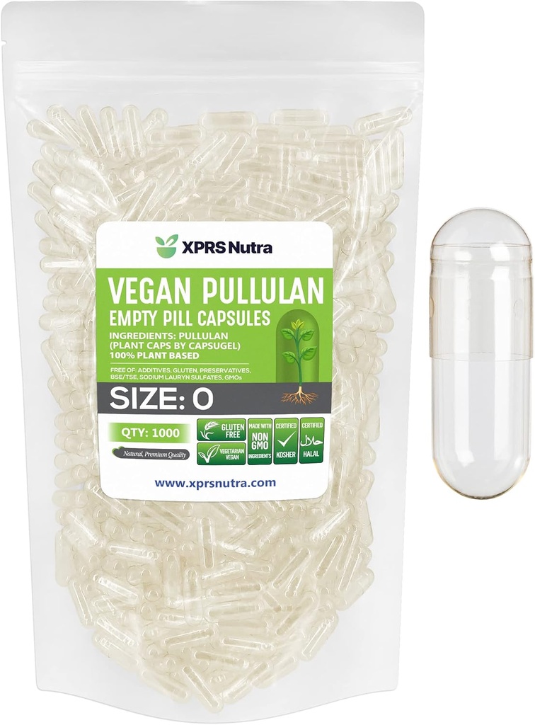 XPRS Nutra Size 0 Pullulan Empty Capsules - 1000 Count Clean Label Plantcaps Clear Empty Vegan Capsules - Premium Vegetarian Pills - DIY Vegetable Capsule Filling for Do-It-Yourself Supplements