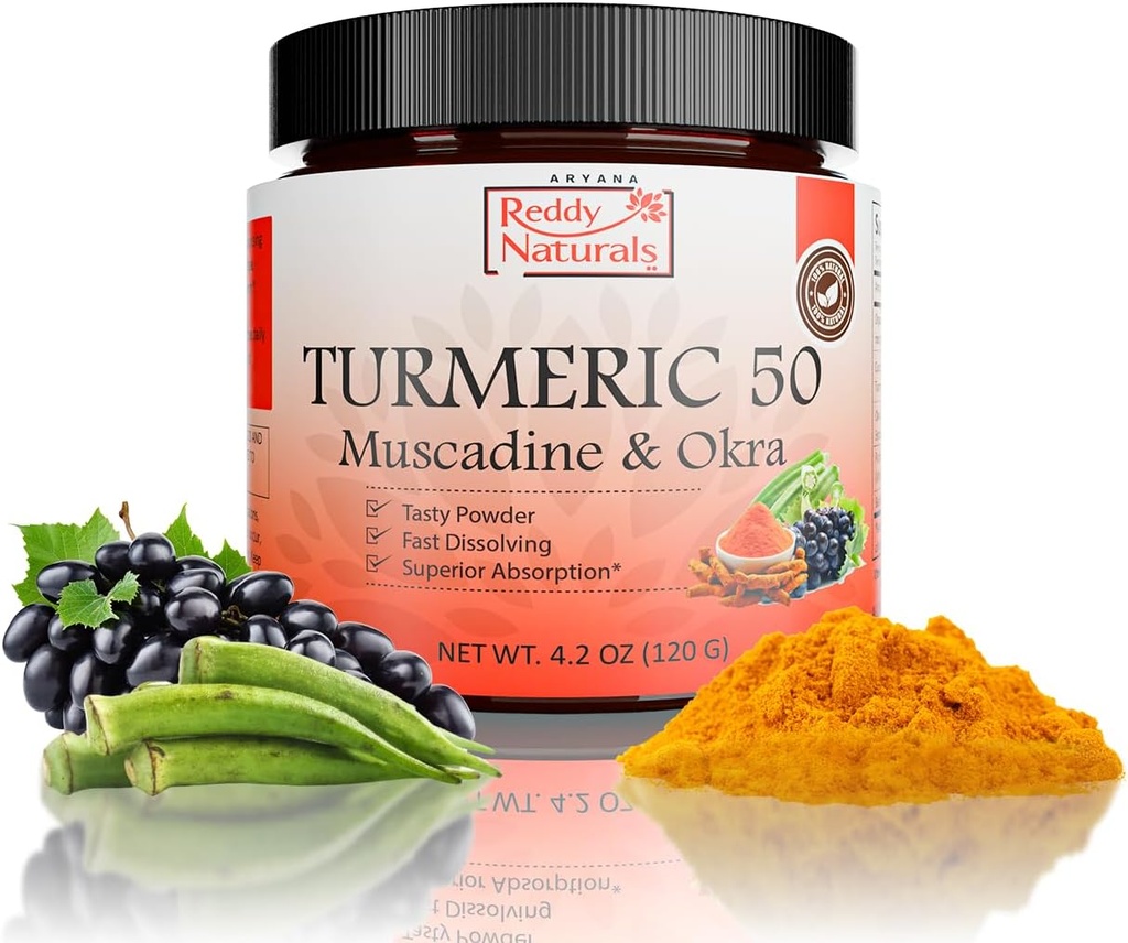 Reddy Naturals Aryana Turmeric 50 – Organic Turmeric Supplement Powder with Muscadine Grape & Okra – Fast-Dissolving, Plant-Based Formula for Daily Wellness – 30 Servings