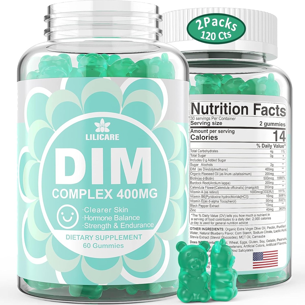 DIM Supplement Women 400mg, Estrogen Supplement for Women, Sugar Free DIM Gummies for Men & Women + Biotin, Flaxseed Oil, Burdock, Calendula, BioPerine for Hormone Balance, Menopause & Prostate 120Cts