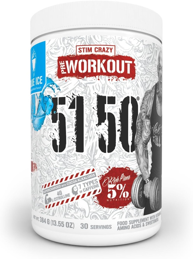 5% Nutrition Rich Piana 5150 High Stim Pre-Workout Powder | Extreme Energy, Focus, Pumps & Endurance | 400 mg Caffeine, Citrulline, Beta Alanine, N-Acetyl L-Tyrosine | 30 Srvgs (Blue Ice)