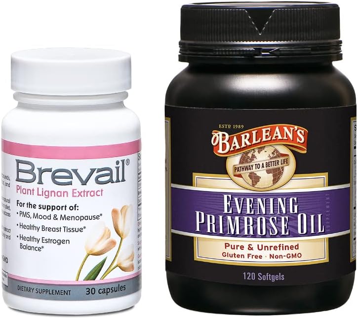 Barlean's Women's Hormone Support Supplements Bundle, 30 Count Brevail Capsules and 120 Count Evening Primrose Oil Supplement Softgels