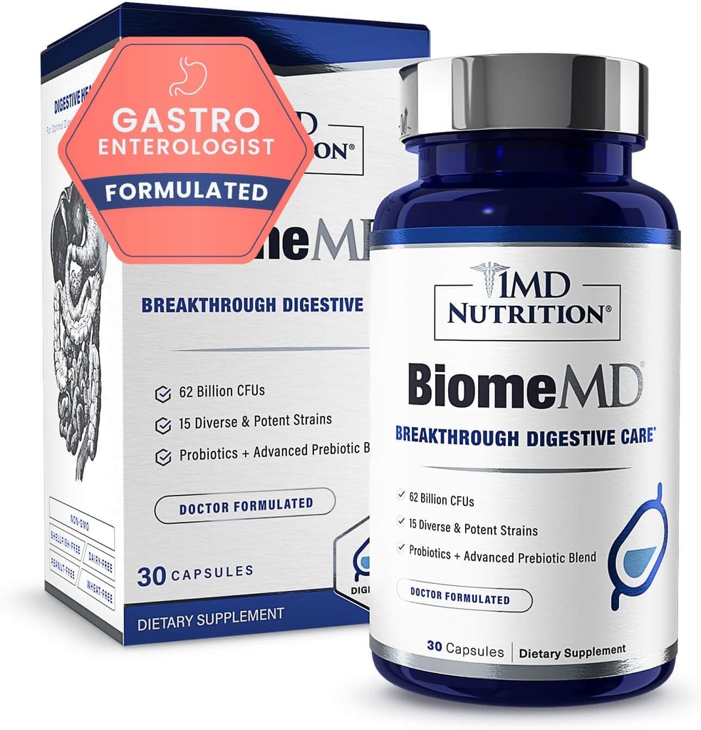 1MD Nutrition BiomeMD Probiotics | 62 Billion CFUs, 15 Comprehensive Strains - Pro & Prebiotics | Doctor-Formulated for Digestive Health & Immune Support | 30 Capsules