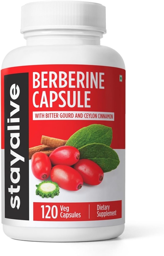 STAY ALIVE Premium Berberine with Ceylon Cinnamon, 3-in-1 Complex with Berberine HCL 1200mg & Bitter Gourd Extract, 120 Capsules, Extra Strength Powder, Non-GMO & Gluten-Free Supplement