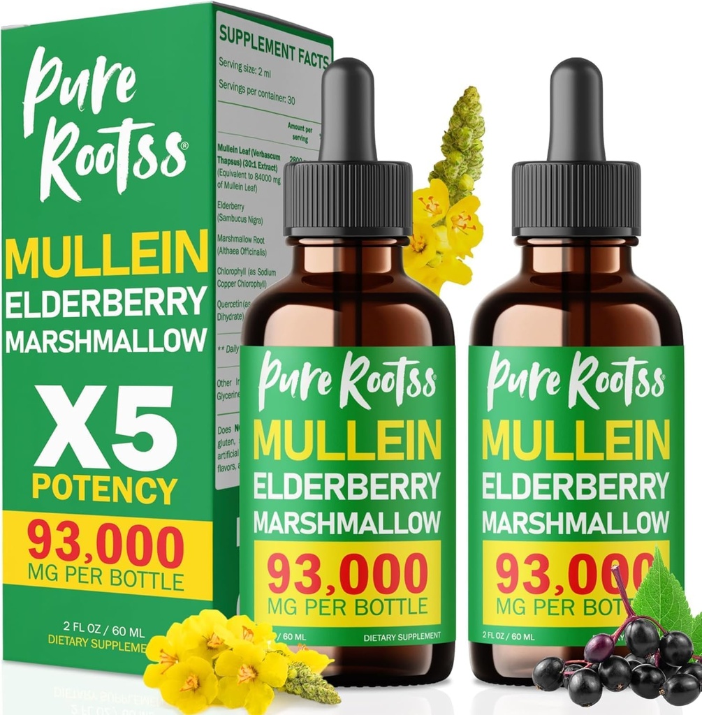 5-in-1 Mullein Chlorophyll Drops for Lungs Pack 2, 93,000MG Active with Elderberry, Marshmallow Root & Quercetin - Herbal Supplement, 2 Fl Oz