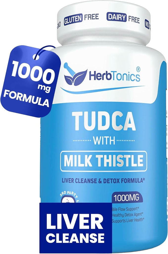 Herbtonics TUDCA 1000mg Liver Detox & Gallbladder Support – Milk Thistle & Pterostilbene Enhanced Bile Salt for Liver Cleanse, Healthy Bile Flow, and Digestive Health (60 Vegan Capsules)