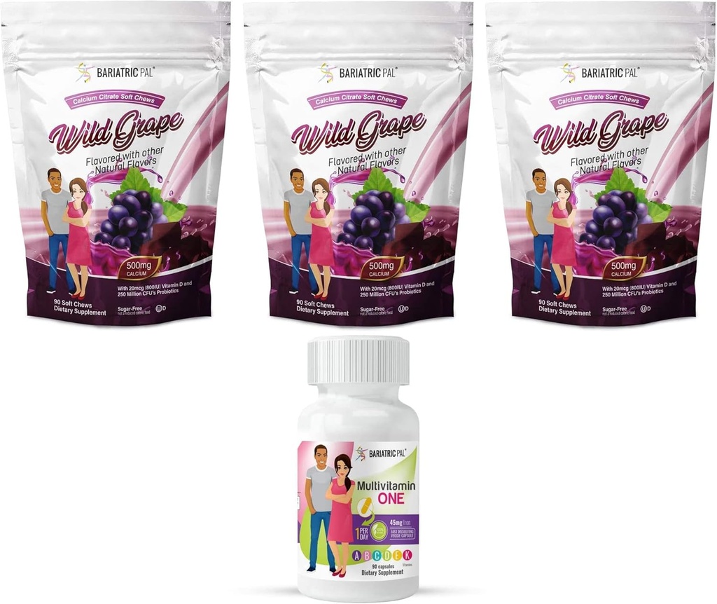 BariatricPal 90-Day Bariatric Vitamin Bundle (Multivitamin ONE 1 per Day! Capsule with 45mg Iron and Calcium Citrate Soft Chews 500mg with Probiotics - Wild Grape)