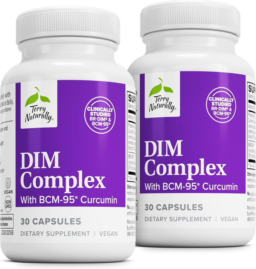 Terry Naturally DIM Complex - Dietary Supplement with BCM-95 Curcumin - Supplement to Support Healthy Hormone Balance, Liver Health & Menopause Symptom Relief - 30 Capsules, 2 Pack (60 Capsules)