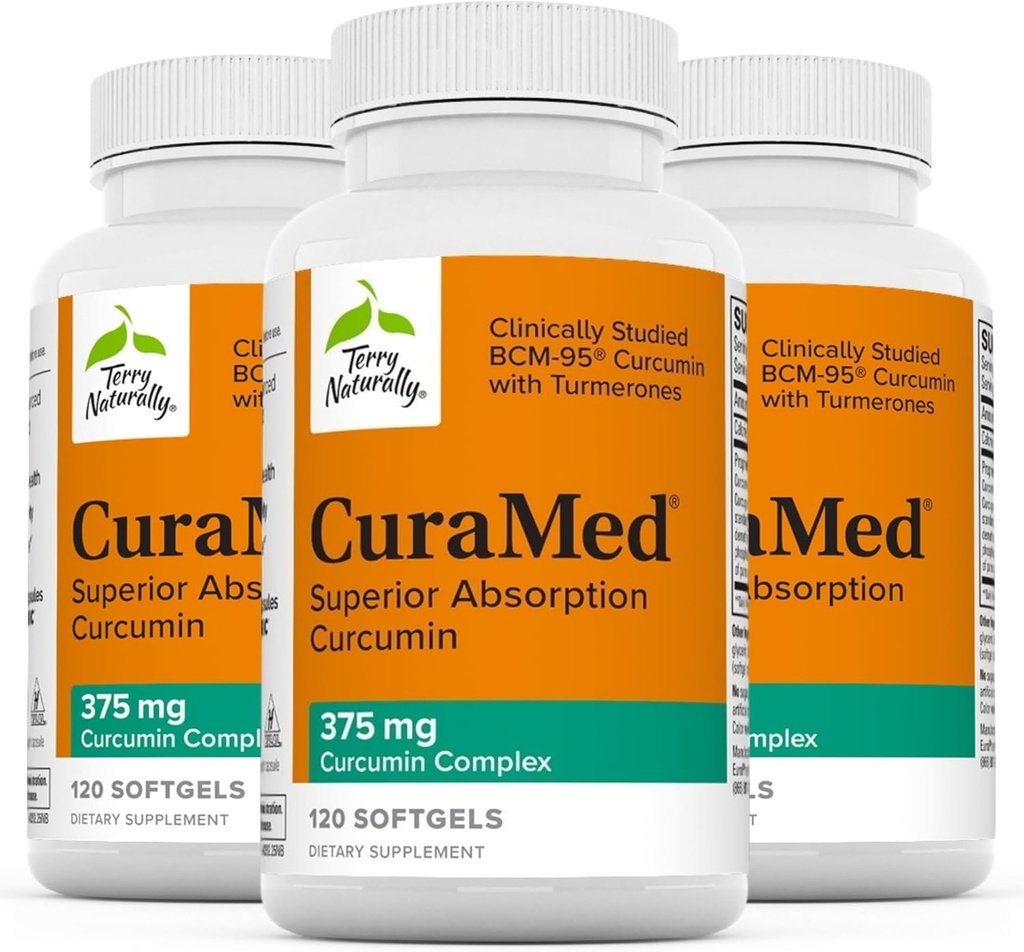Terry Naturally CuraMed 375mg - Antioxidant Supplement for Brain & Immune Health Support - Dietary Supplement with Curcumin & Turmeric Essential Oil - Herbal Liver Support - 120 Softgels (Pack of 3)