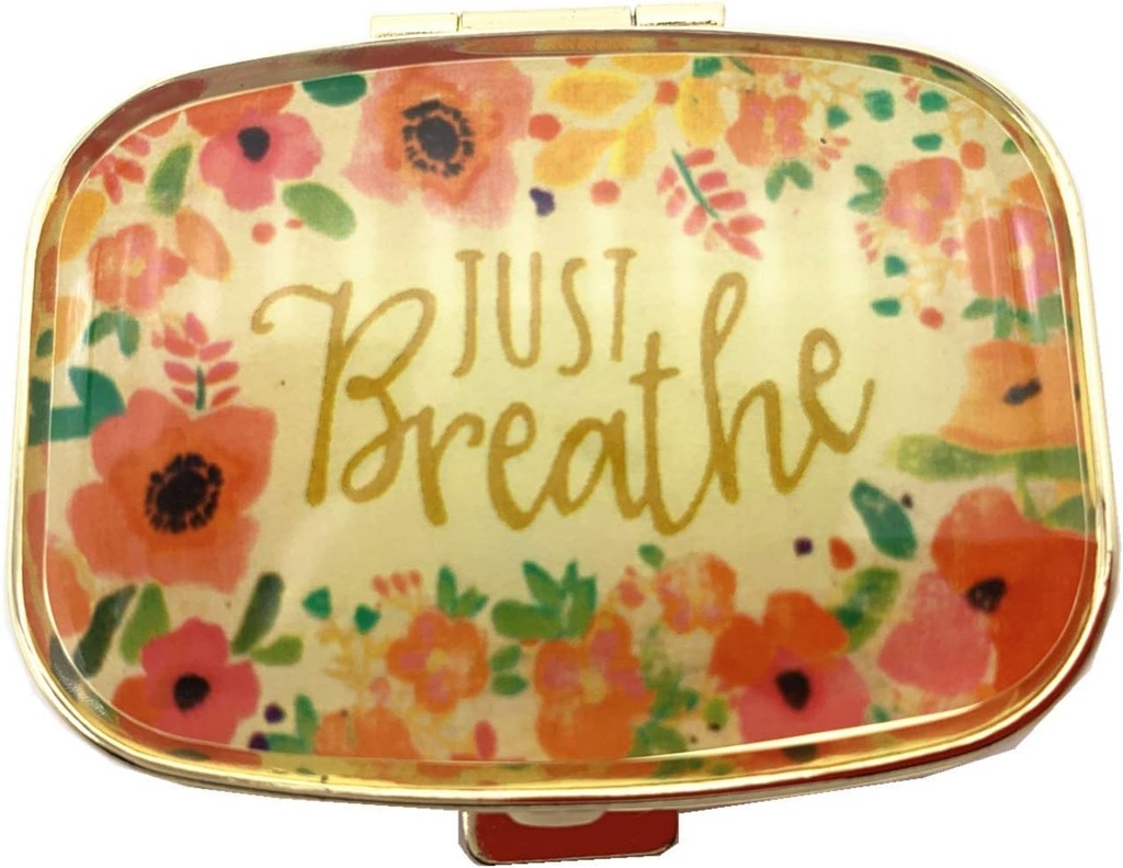 AmyZone Metal Pill Organizer Travel Friendly Portable Compact Pill Box Pill Case to Hold Vitamins/Tylenol/Fish Oil/Supplements/Meds/Tablet for Purse/Pocket（Just Breathe)）
