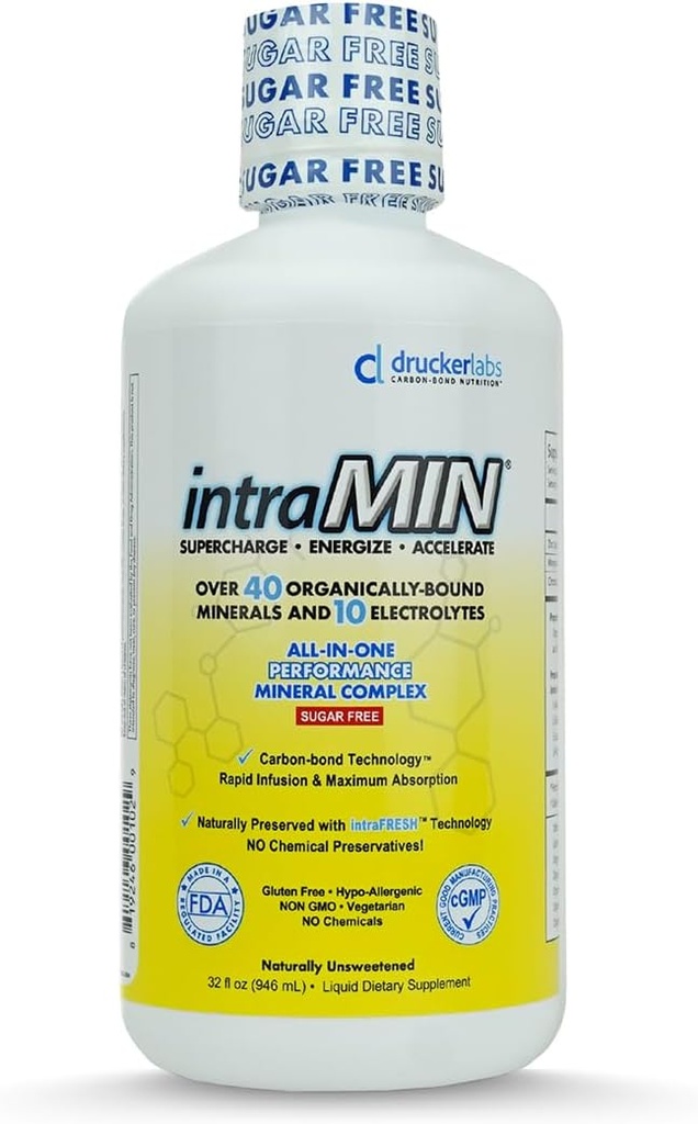 Drucker Labs - intraMIN Organic Liquid Minerals Supplement for Men, Women, Kids, Immune and Muscle Support, Non GMO, Gluten Free, Vegan, Electrolytes, Sugar Free (32 oz.,Unflavored)
