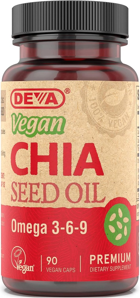 DEVA Vegan Vitamins Chia Seed Oil, Packed with Omega 3, 6, 9 & Other Essential Fatty Acids, Cold-Pressed & Unrefined, 90 Capsules