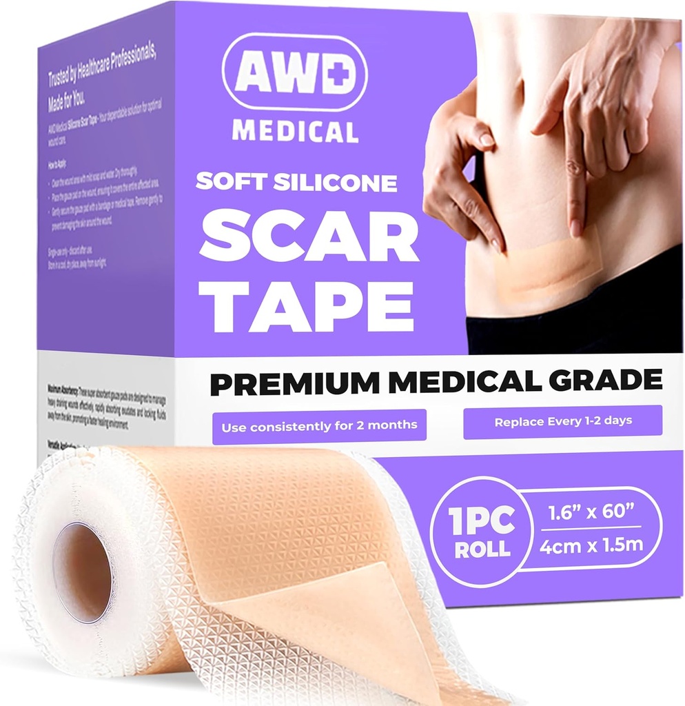 AWD Silicone Scar Tape Roll 60in – Medical Grade Scar Tape for Surgical Scars, C Section, Tummy Tuck – Reusable Silicone Scar Sheets for Keloid Bump Removal & Postpartum Essentials (60in)