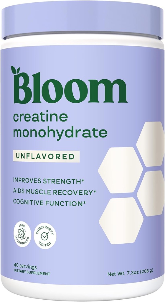 Bloom Nutrition Creatine Monohydrate Powder, 5g Micronized Creatine per Serving, Supports Muscle Recovery, Strength, Endurance, Pre or Post Workout, Gluten Free, Non GMO, Unflavored, 40 SVG, 7.3 oz