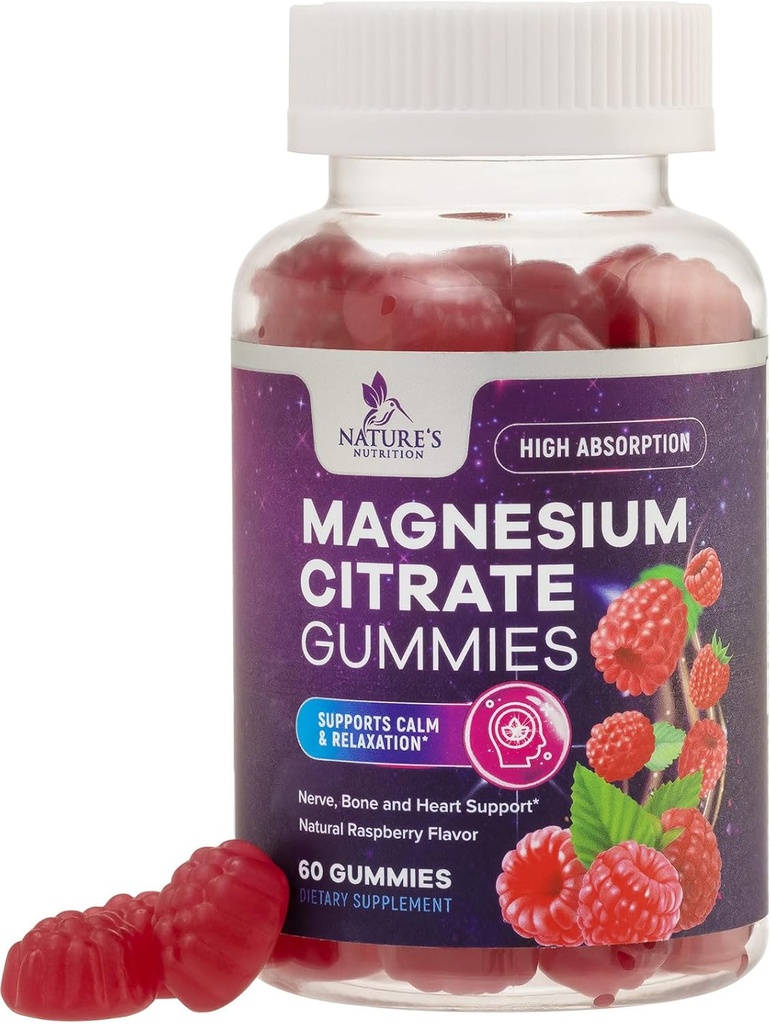 Magnesium Citrate Gummies Supplement - High Absorption, Vegan Magnesium Gummy Supplement for Adults & Kids, Magnesio Citrate Gummy Supplements for Muscle, Nerve, Bone and Heart Support - 60 Gummies