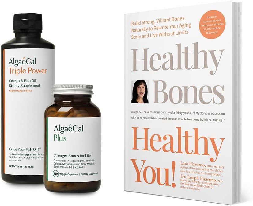 ALGAECAL Bundle - Calcium Supplement with Vitamin D + K2, Mag, Boron & Omega 3 Fish Oil with EPA & DHA and Book by Lara Pizzorno Healthy Bones Healthy You, to Increase Bone Health