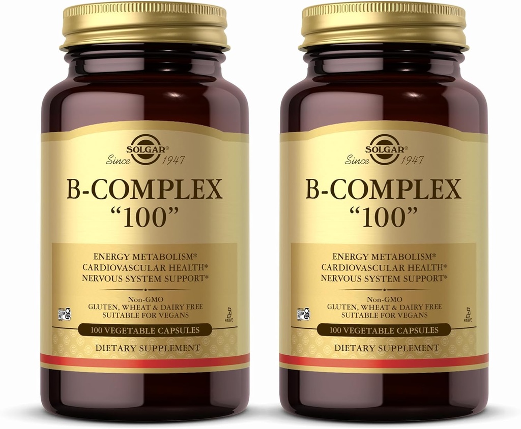 Solgar B-Complex 100" - 100 Vegetable Capsules, Pack of 2 - Energy Metabolism, Nervous System Support - Non-GMO, Vegan, Gluten Free - 200 Total Servings