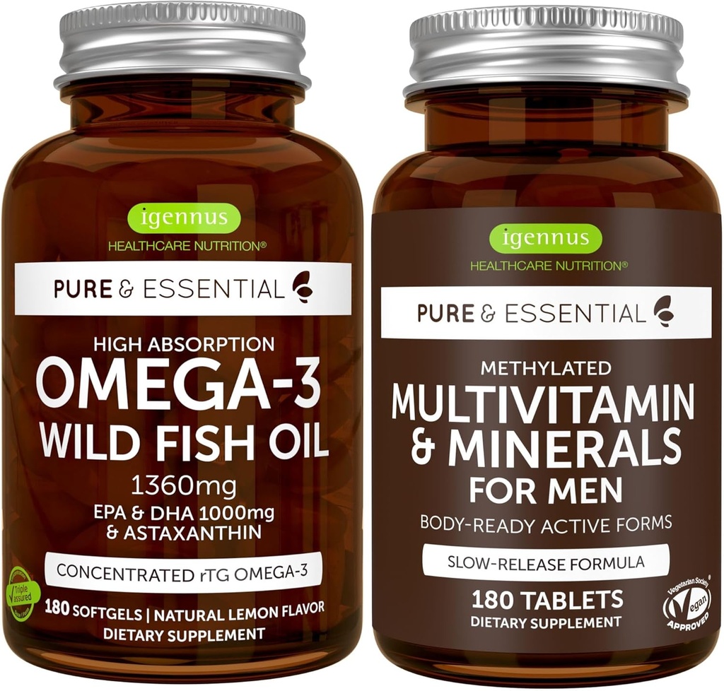 High Absorption Omega-3 Wild Fish Oil + Methylated Men's Multivitamin Bundle, 1000mg EPA & DHA 180 Softgels + Sustained Release Multivitamin 180 Tablets, by Igennus