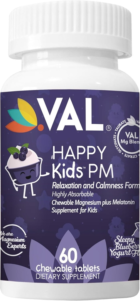VAL Happy Kids PM | Sleep Support for Kids with Magnesium, Melatonin, Vitamin B6 & C | Sugar-Free Chewable | Blueberry Yogurt Flavor | Non-GMO, Gluten-Free | 60 Tablets | Ages 4+
