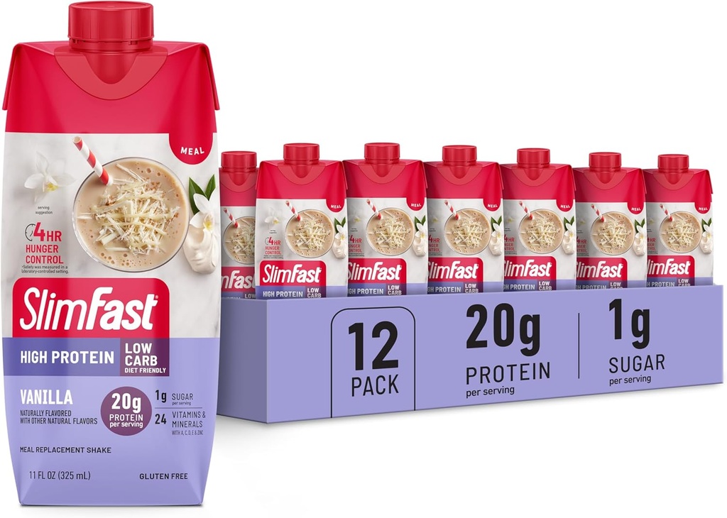 SlimFast Protein Shake, Vanilla- 20g Protein, Meal Replacement Shake Ready to Drink, High Protein with Low Carb and Low Sugar, 24 Vitamins and Minerals, 12 Count (Pack of 1) (Packaging May Vary)