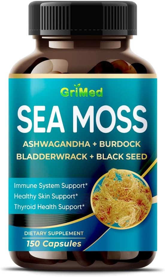 GriMed Premium Sea Moss 30:1 Extract 16,100mg with Ashwagandha, Burdock Bladderwrack, Black Seed for Immune System, Skin, Digestion & Energy- Made in The USA (150 Count (Pack of 1))