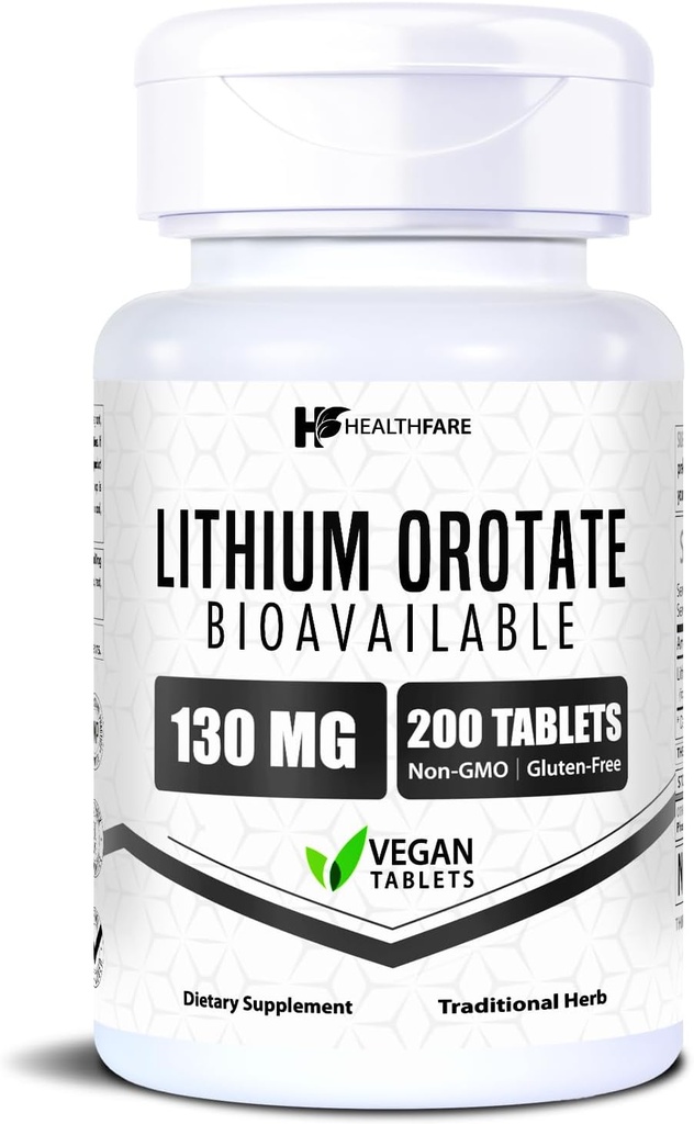 HealthFare Lithium Orotate Supplement 130mg | 200 Vegetarian Tablets | High Bioavailability Trace Mineral | Mood, Brain & Memory Support | Non-GMO, Gluten-Free | Made in USA