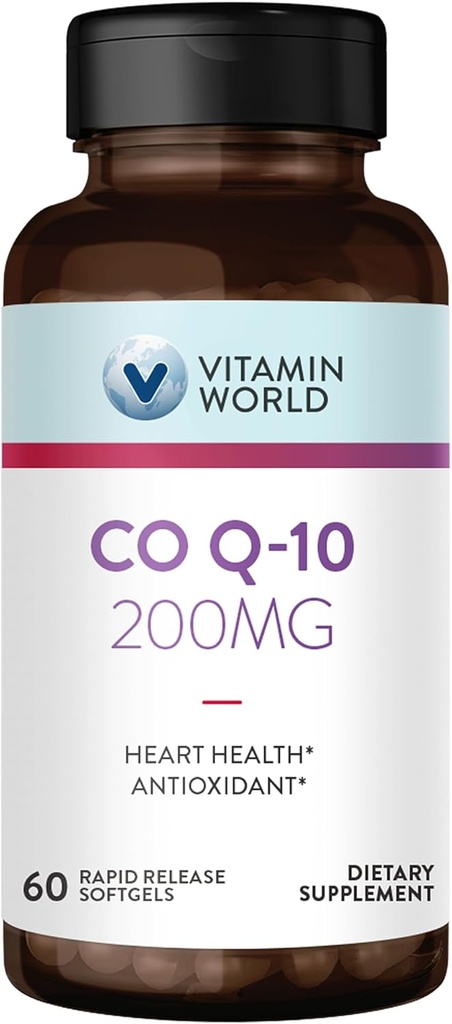 Vitamin World CoQ10 200 mg Softgels, Coenzyme Q10 Supplements for Antioxidant Support, Heart Health & Energy Production, Gluten Free, 60 Rapid Release Softgels