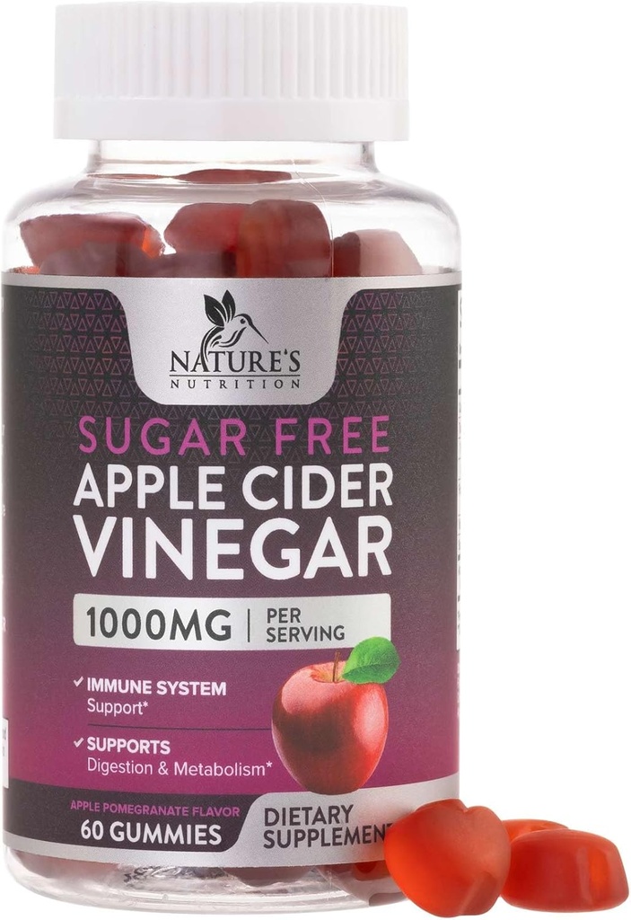 Apple Cider Vinegar Gummies for Weight Loss 1000mg - Vegan Apple Vinegar Gummy for Detox & Cleanse, ACV Supplement Pills, Vitamin B12, Sugar Free ACV Gummy, Non-GMO, Nature's Nutrition - 60 Gummies