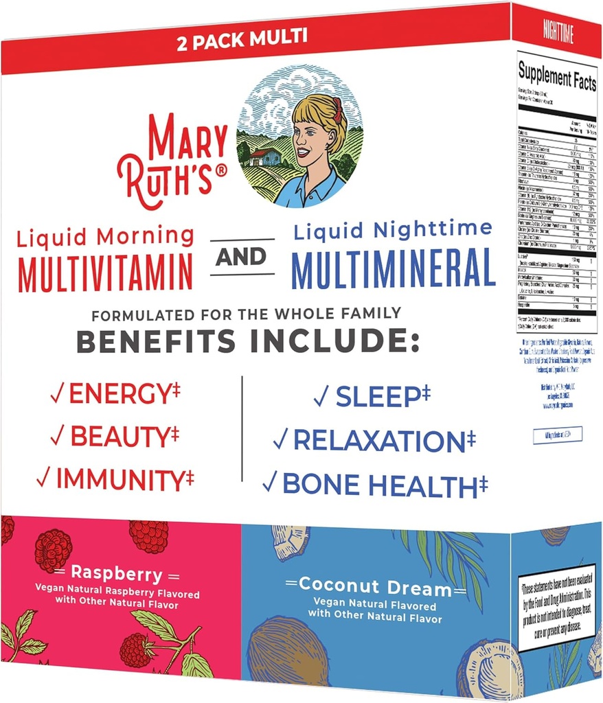 MaryRuth Organics Liquid Morning Multivitamin & Liquid Nighttime Multimineral Bundle, Vegan Vitamin C, Vitamin D, B Complex, Magnesium, Energy, Beauty, Sleep Support, NO Melatonin, 32 Fl Oz Each