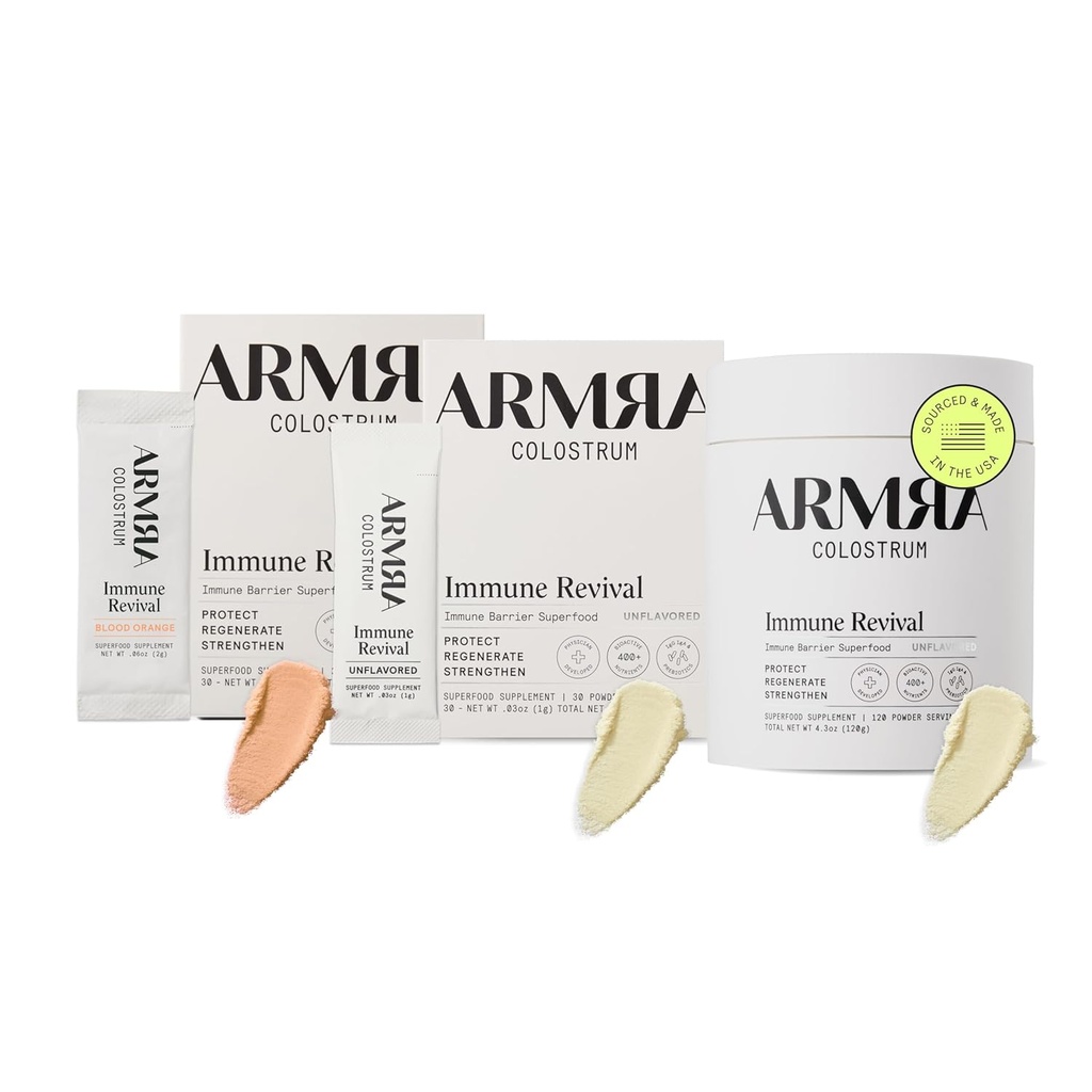 ARMRA Colostrum™ Premium Powder, Grass Fed, Gut Health Bloating Immunity Skin & Hair, Contains 400+ Bioactive Nutrients, Keto, Gluten & Fat Free (Blood Orange, Unflavored Bundle | 180 Servings)