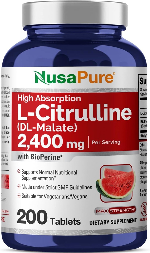 NusaPure L-Citrulline 2,400mg 200 Vegetarian Tablets (Non-GMO, Gluten Free, 100-Day Supply, Bioperine)