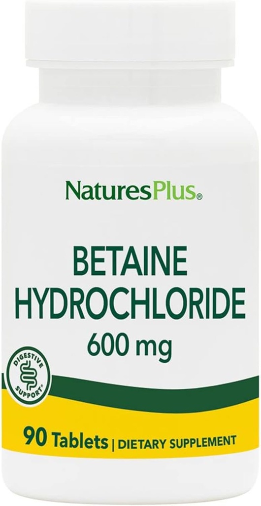 NaturesPlus Betaine HCl (Hydrochloride) - 600 mg, 90 Tablets - Digestive Support Supplement, Relieves Symptoms of Occasional Heartburn & Indigestion - Hypoallergenic, Gluten-Free - 90 Servings