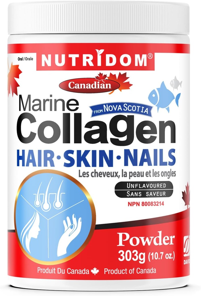 Nutridom Hydrolyzed Marine Collagen Peptides Powder, Wild-Caught from Nova-Scotia, Supports Hair, Skin & Nails, Non-GMO, Free of Gluten, Soy & Dairy (303 g)