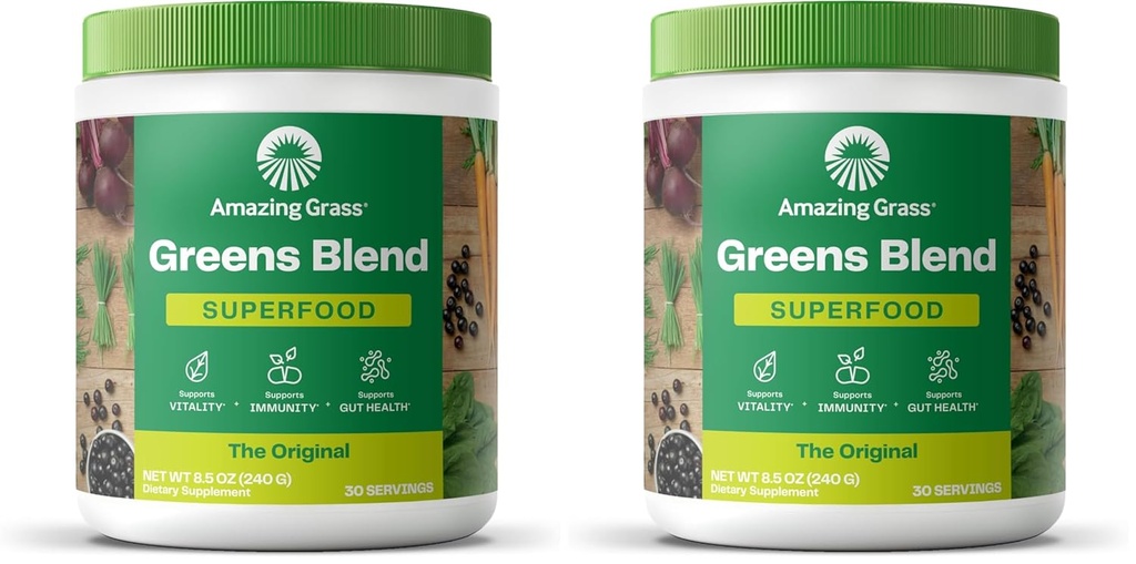 Bundle of Amazing Grass Greens Superfood Powder: Greens Powder with Digestive Enzymes & Probiotics, Organic Spirulina, Chlorella, and Beet Root Powder, Original, 30 Servings (60 Total Servings)
