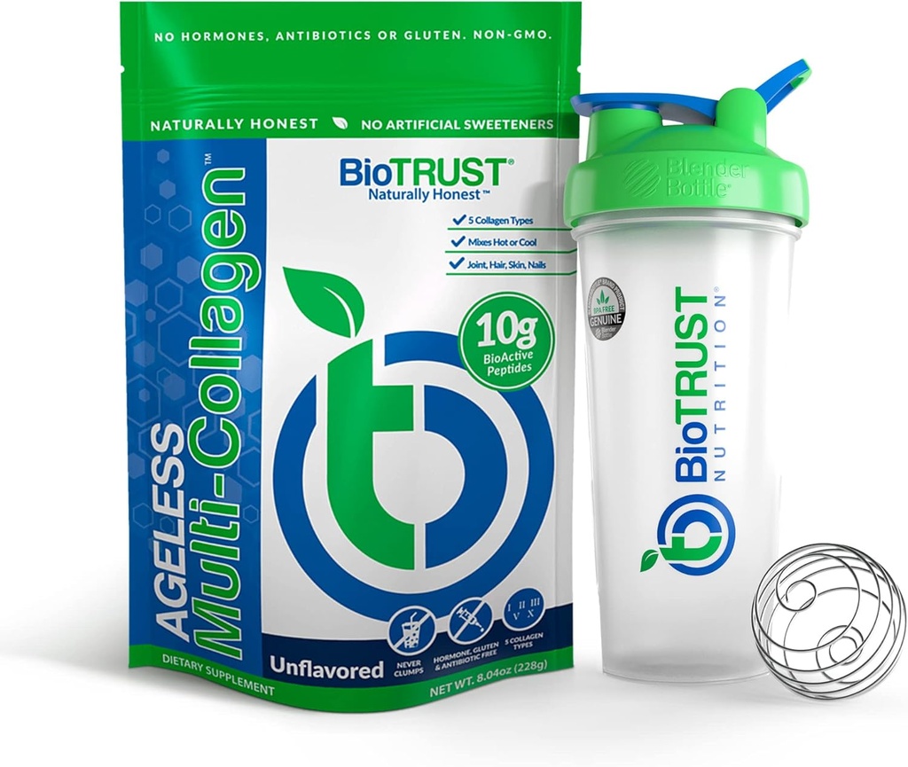 BioTrust Ageless Multi Collagen 5-in-1 Protein Powder (Unflavored) BlenderBottle Bundle