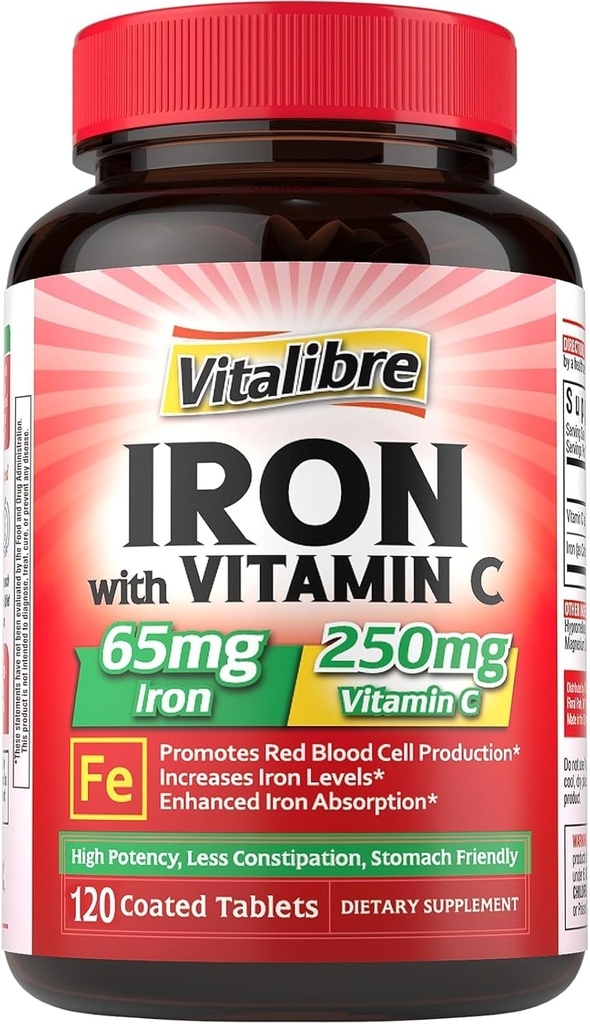 Iron Supplement 65mg with Vitamin C, Stomach Friendly Carbonyl Iron, High Potency & Absorption, for Healthy Iron & Energy Levels, Supports Red Blood Cell Production, 120 Tablets
