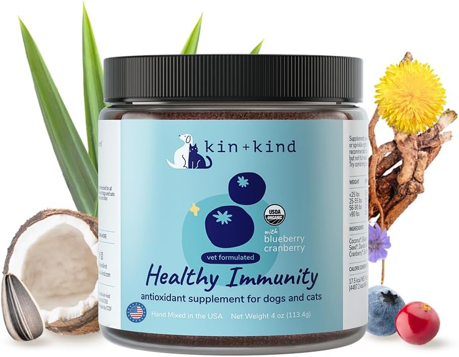 kin+kind Pet Vitamins and Supplements - Immune Support Supplement for Dogs & Cats - Natural Dog Supplements & Cat Supplements w/Organic Ingredients for Healthy Immunity - Made in USA - 4 oz (Medium)