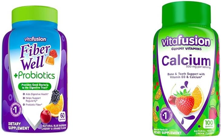 Vitafusion Fiber Well Probiotics Gummies Adults 60 Count & Calcium Gummy Vitamins Bone Teeth Support Fruit Cream Flavored 100 Count