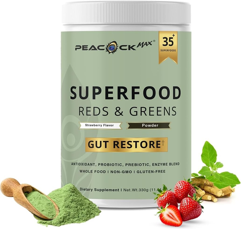 Superfood Reds & Greens Powder - 11.64 oz, Prebiotics & Probiotics for Digestive Health, Super Greens Powder with Ashwagandha for Gut Health, Immunity, Antioxidants, Vegan, Non-GMO
