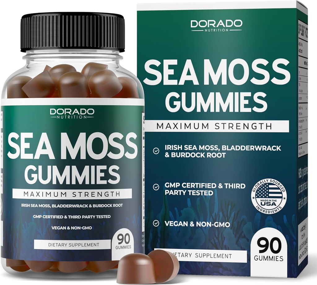 Irish Sea Moss Gummies 3000mg (90 Gummies with Bladderwrack & Burdock Root - Raw Seamoss for Thyroid, Energy, & Immune Support) Third Party Tested, Vegan Safe, No Fillers & Made in USA