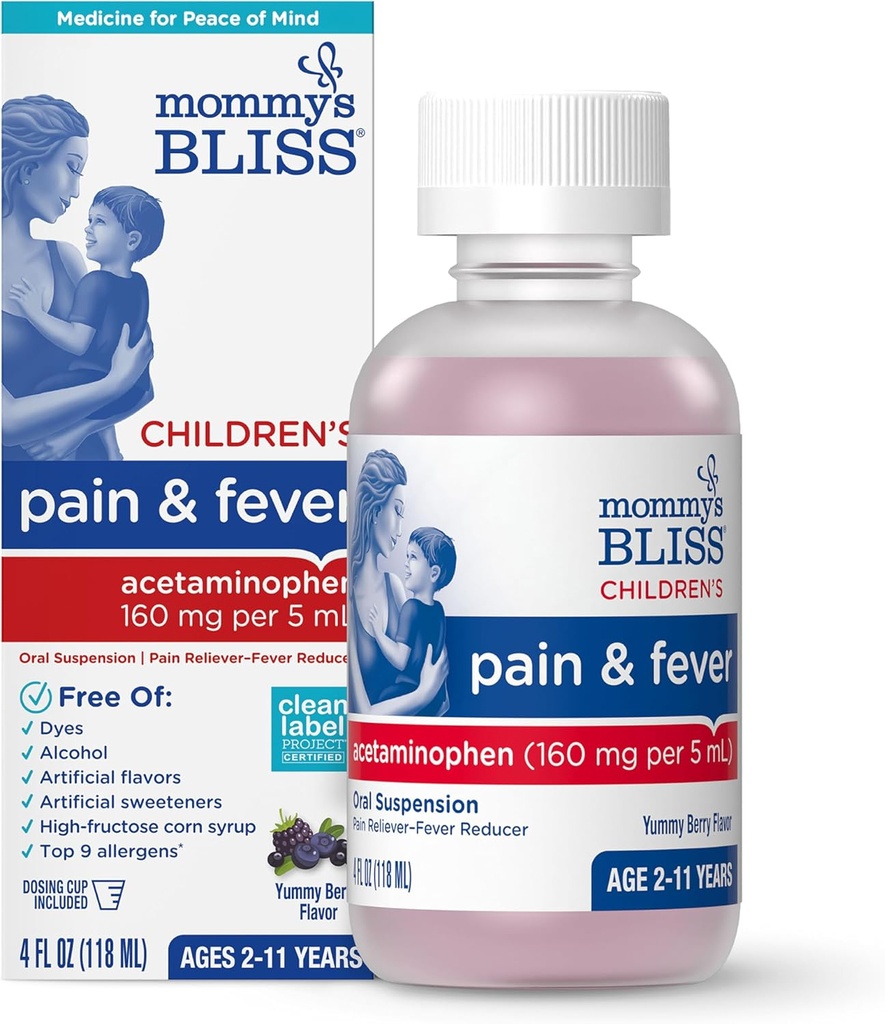 Mommy's Bliss Children's Pain and Fever Reducer, Kids Acetaminophen, Dye Free, Delicious Mixed Berry Flavor, Ages 2+, 4 Fluid Ounces