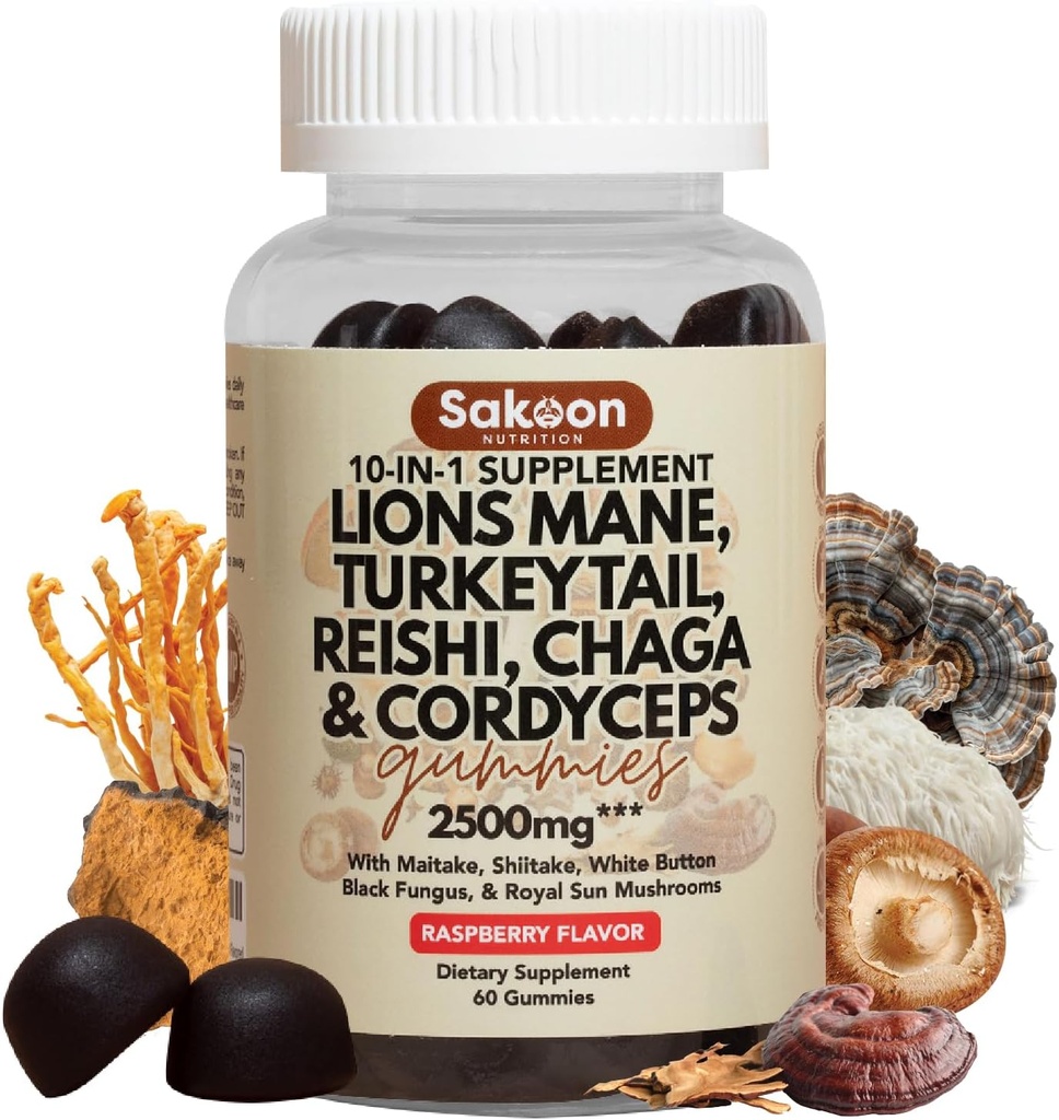 Sakoon nutrition Lions Mane Mushroom Gummies with Turkey Tail, Reishi & More, 2500mg, 60 Count, Raspberry Flavored
