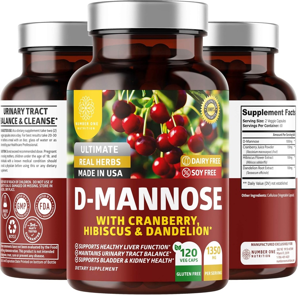 Number One Nutrition Premium D Mannose Supplement for Women and Men [Max Strength, 1350MG] Natural D-Mannose with Cranberry, Hibiscus and Dandelion for Urinary Tract Health, 120 Count