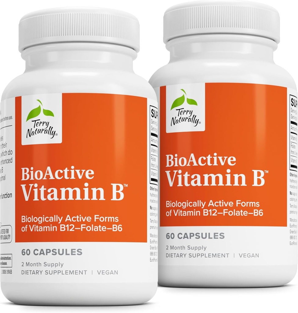 Terry Naturally BioActive Vitamin B - Aid Heart Health with Bioactive B Vitamins - Supplement with Folate & Calcium - B Complex Vitamin to Aid Nervous System Function - 60 Capsules (Pack of 2)