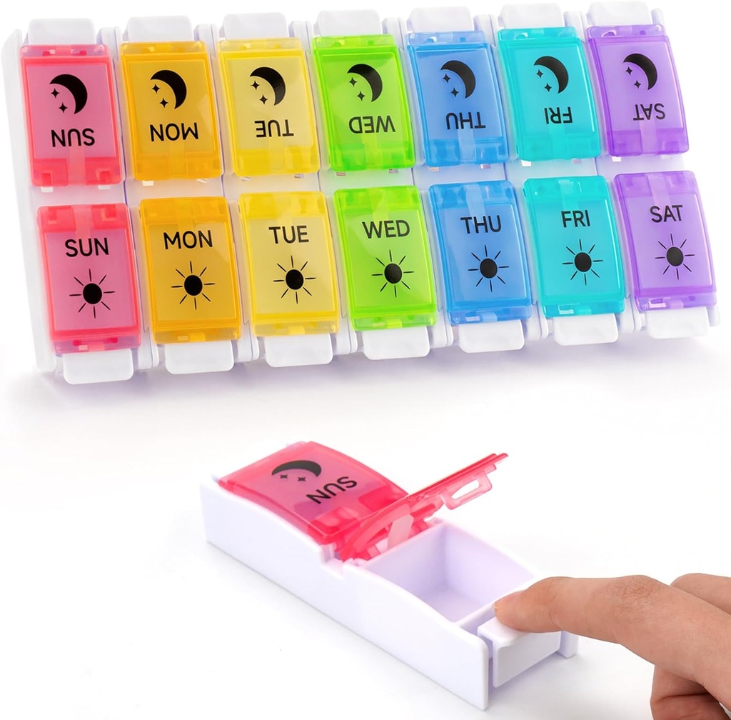DailyRest Pill Organizer 2 Times a Day, Day Night Pill Case, Pill Box 7 Day, Detachable & Push Button Design, Large Compartment Weekly Pill Box, Medicine Organizer for Fish Oil/Vitamins/Supplements