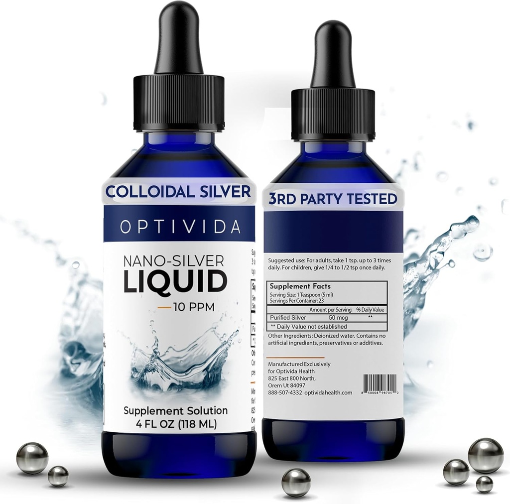 Optivida Health Immune Support Colloidal Silver Liquid 10 Ppm – Premium Nano Silver Supplement for Daily Wellness, Natural Silver Hydrosol for Adults & Kids, Non-GMO, Gluten-Free (4 Oz)